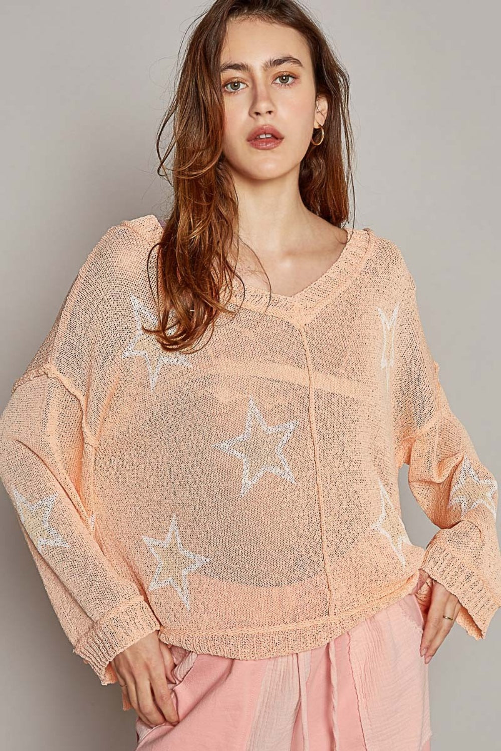 POL V-Neck Long Sleeve Star Print Knit Top 8354 | Gulf Resellers