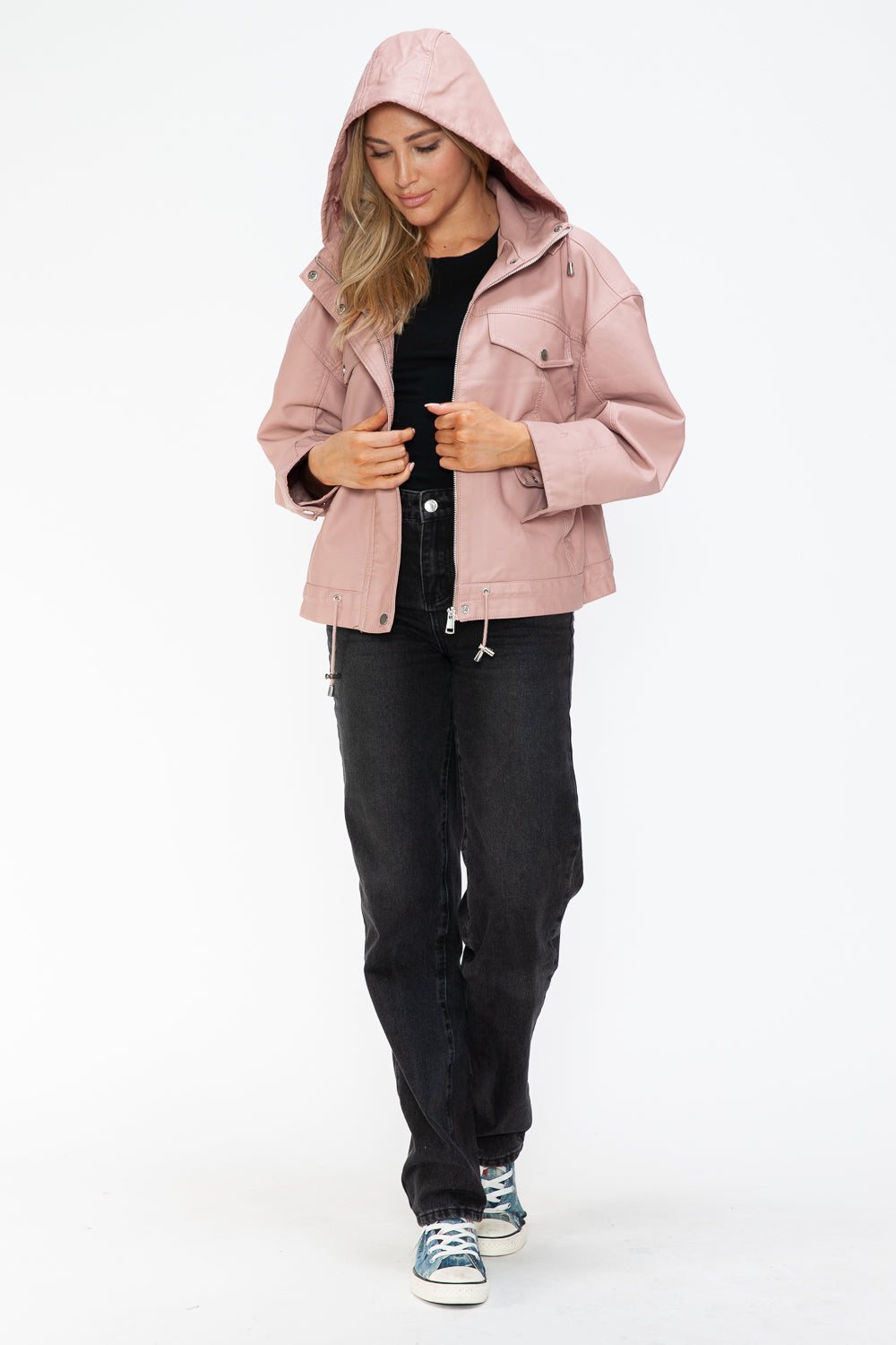 How Dare U Drawstring Hem PU Leather Zip Up Jacket 15562 | Gulf Resellers