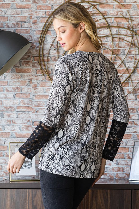 Heimish Full Size Snakeskin Print Round Neck Lace Contrast Top 19774 | Gulf Resellers