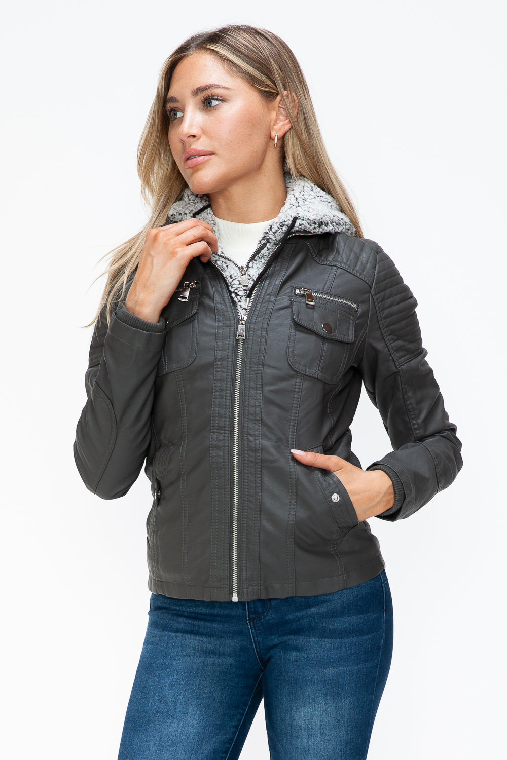 YMI Removable Faux Layered Multi-Pocket Jacket with Fuzzy Hood 15241 | Gulf Resellers