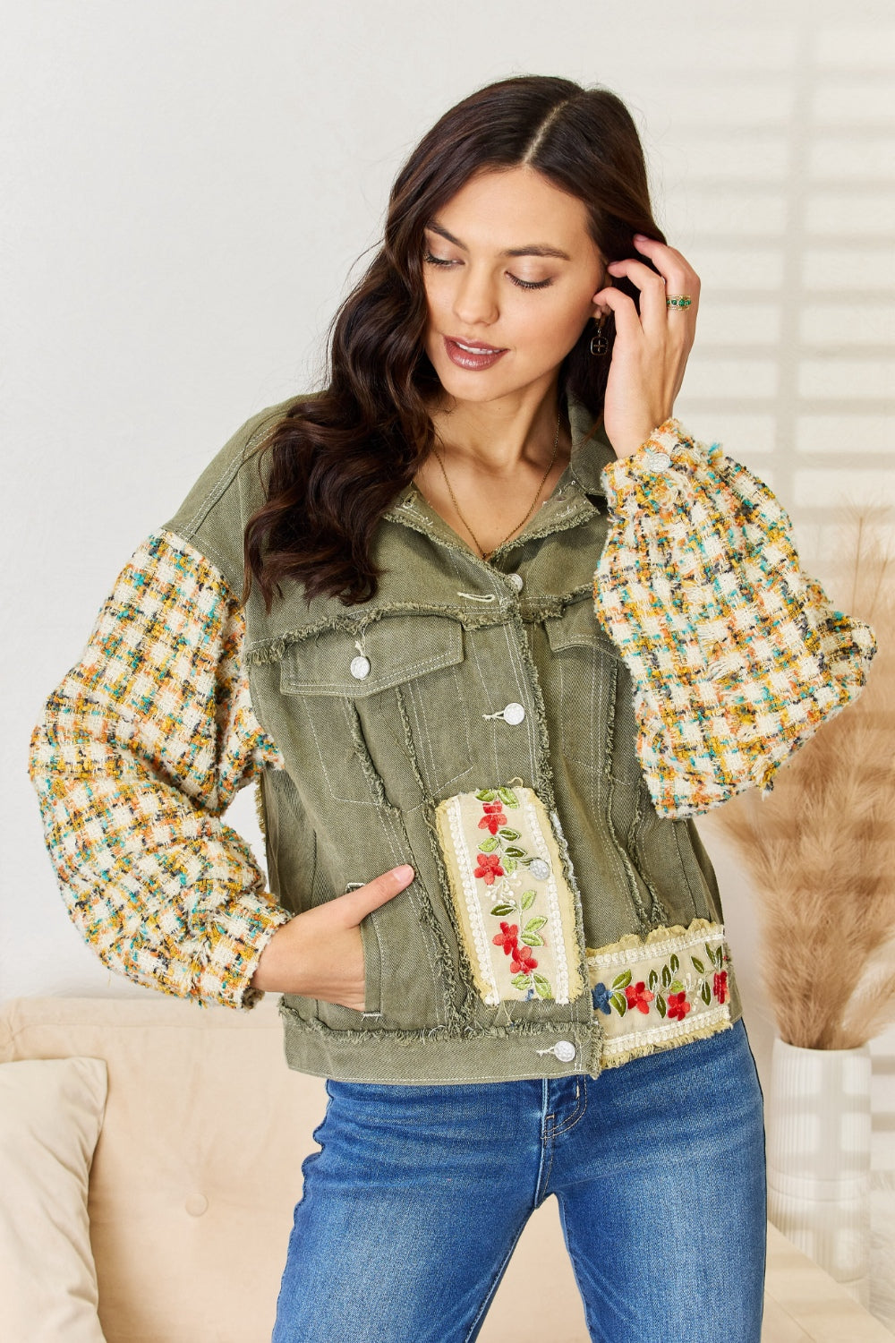 POL Embroidered Button Down Raw Hem Shacket 13559 | Gulf Resellers