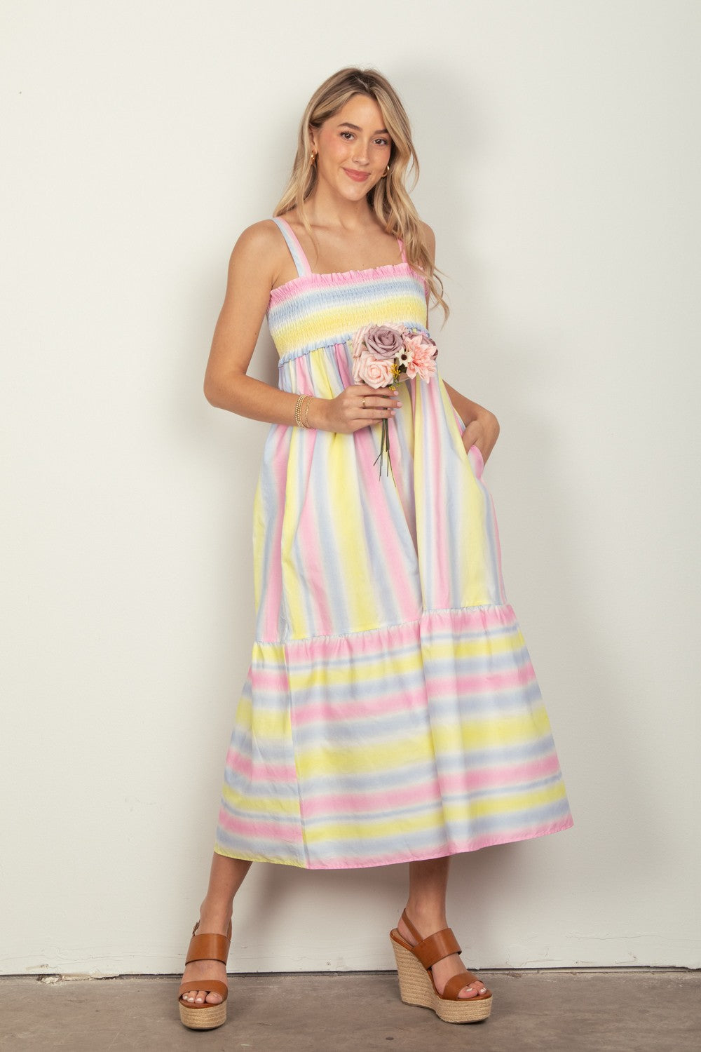 VERY J Striped Woven Smocked Midi Cami Dress 5122 | Gulf Resellers