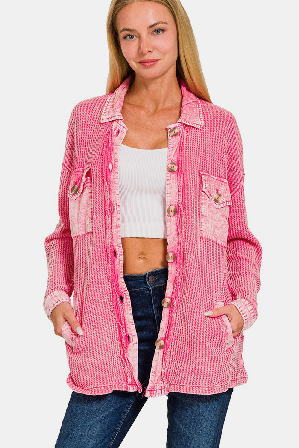 Zenana Waffle-Knit Button Up Dropped Shoulder Jacket 13113 | Gulf Resellers