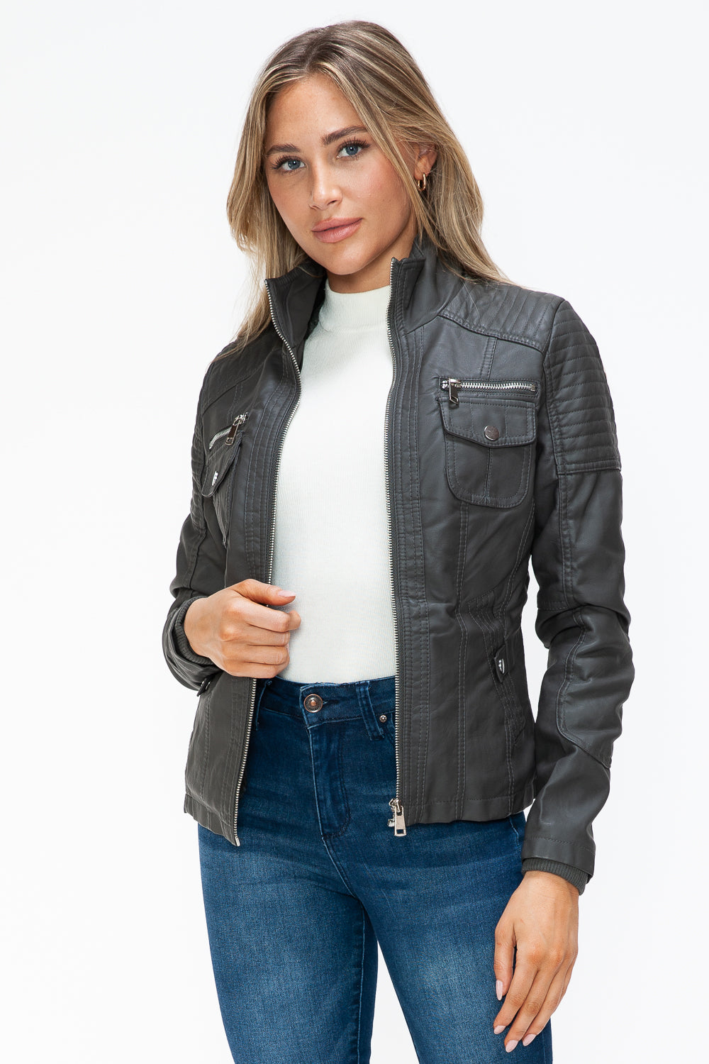 YMI Removable Faux Layered Multi-Pocket Jacket with Fuzzy Hood 15249 | Gulf Resellers