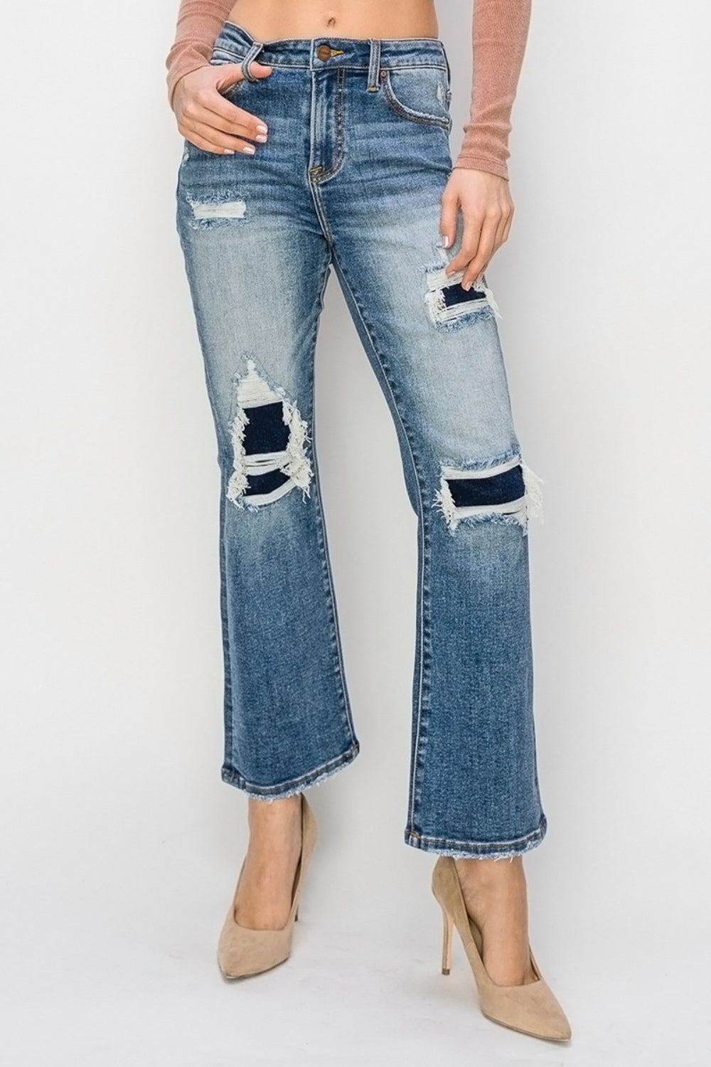 Risen Full Size High Rise Distressed Ankle Flare Jeans 11375 | Gulf Resellers