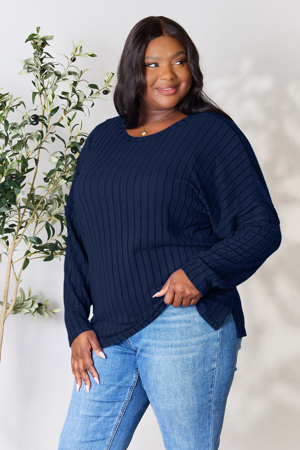 Basic Bae Full Size Ribbed Round Neck Slit Knit Top | Gulf Resellers
