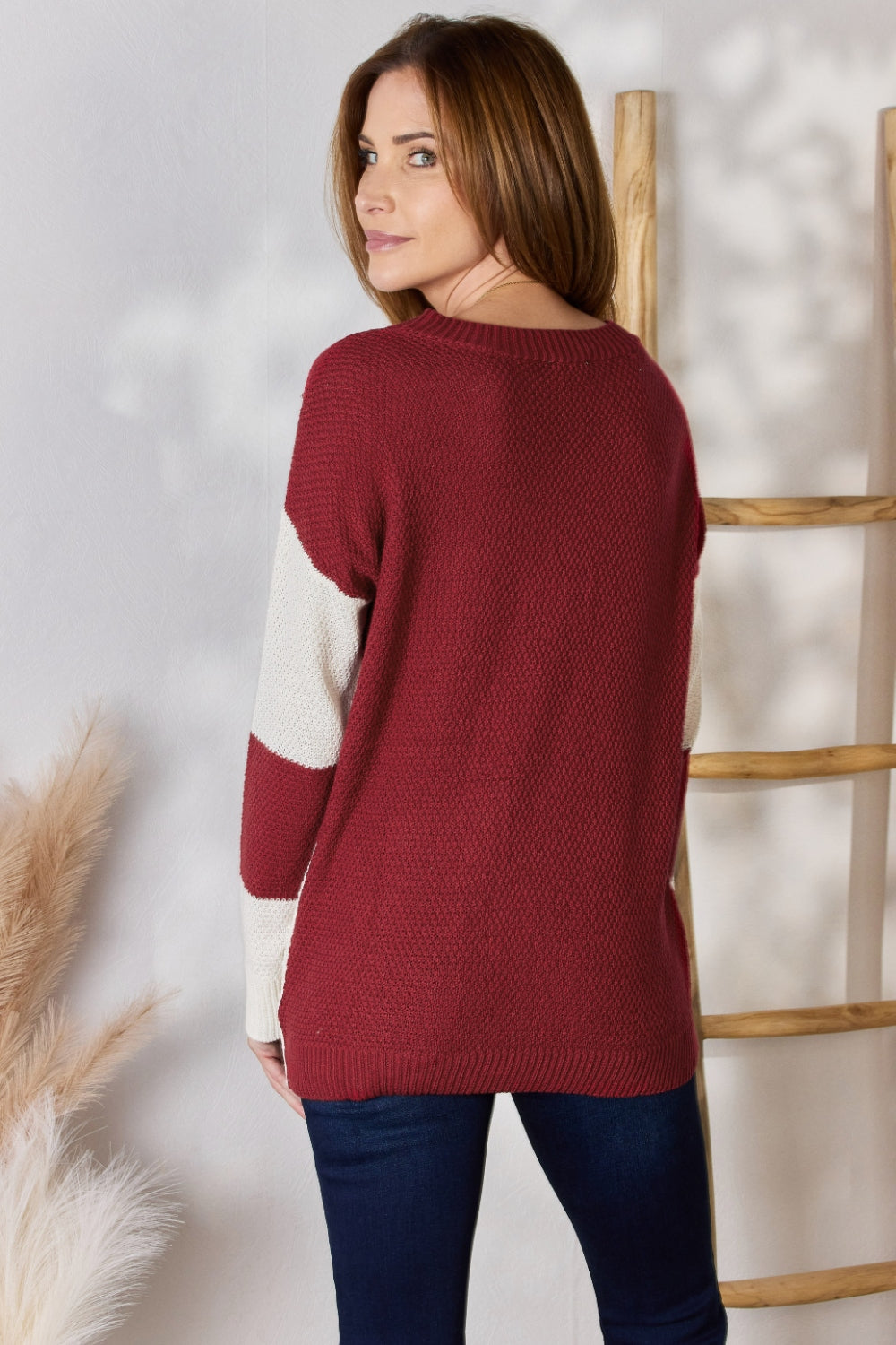 Hailey & Co Full Size Color Block Dropped Shoulder Knit Top | Gulf Resellers