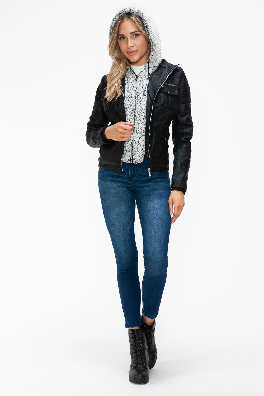 YMI Removable Faux Layered Multi-Pocket Jacket with Fuzzy Hood 15832 | Gulf Resellers