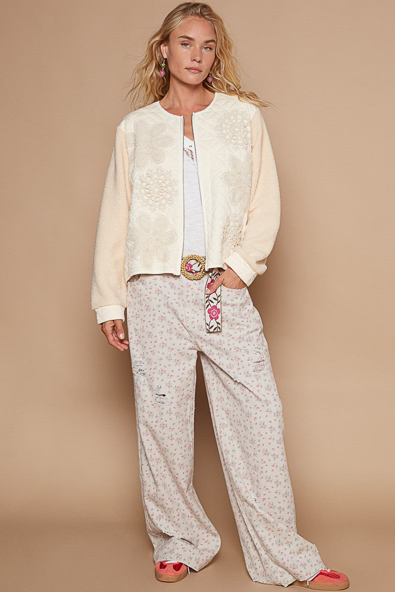 POL Lace Detail Fur Sleeve Zip Up Quilted Jacket 13664 | Gulf Resellers