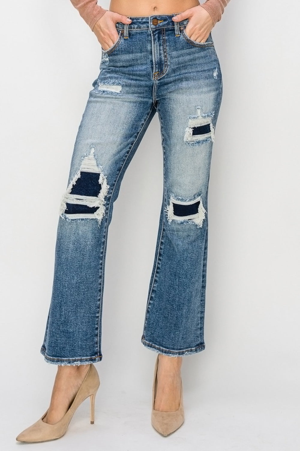 Risen Full Size High Rise Distressed Ankle Flare Jeans 11374 | Gulf Resellers