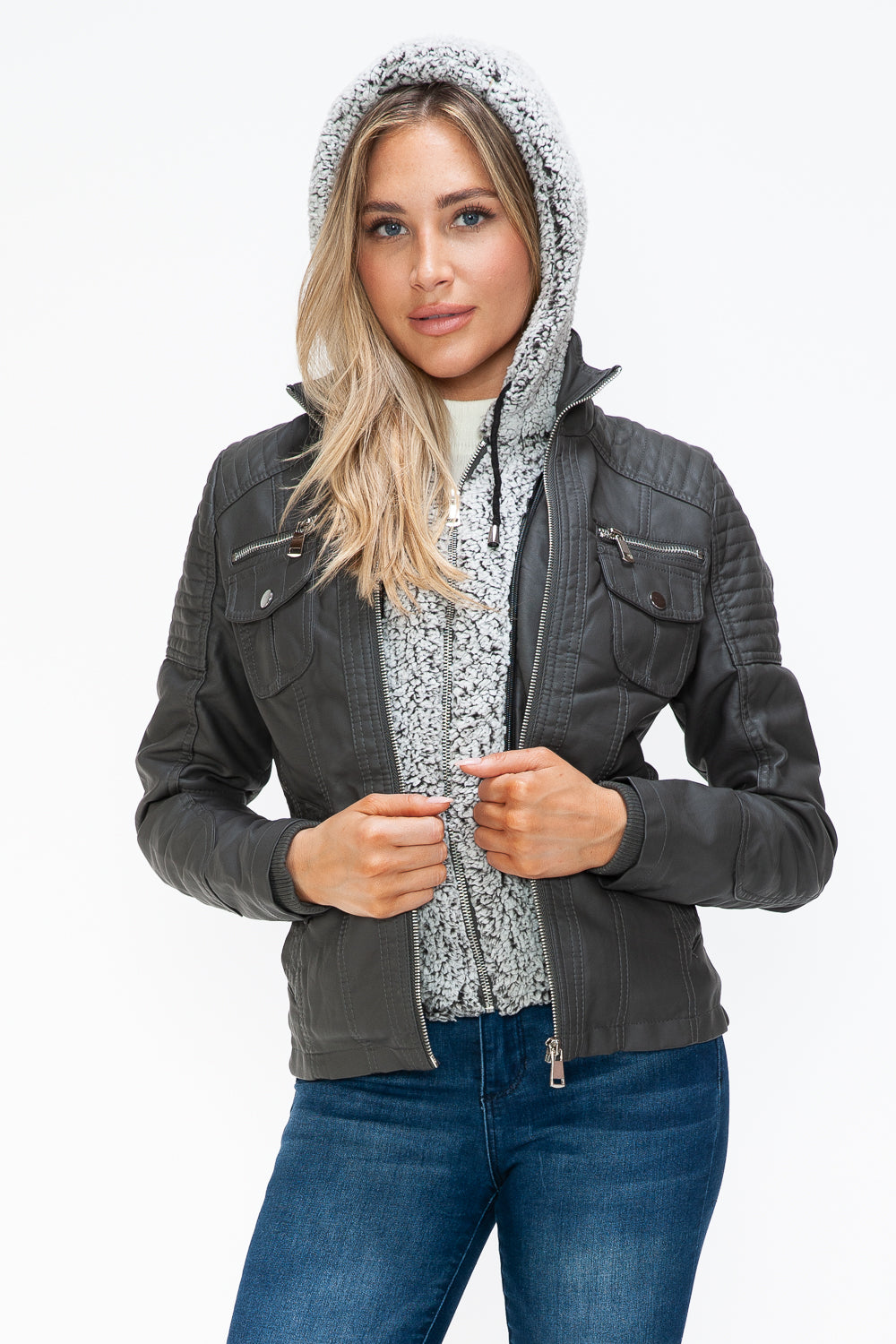 YMI Removable Faux Layered Multi-Pocket Jacket with Fuzzy Hood 15245 | Gulf Resellers