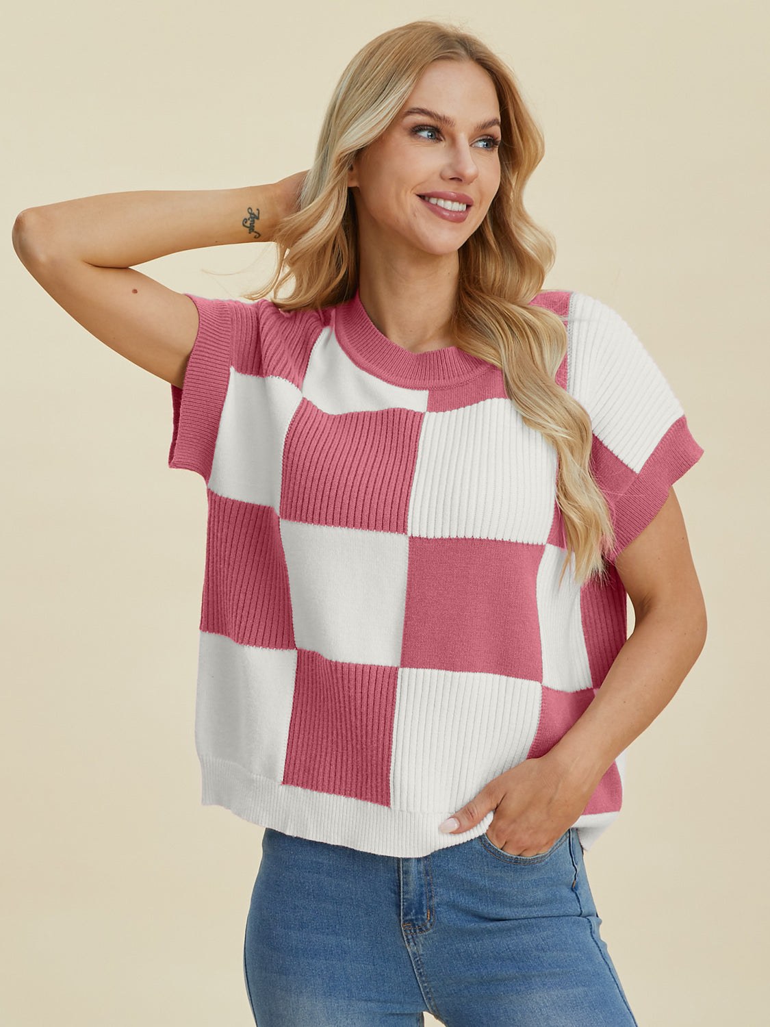 Double Take Full Size Checkered Round Neck Short Sleeve Sweater 8736 | Gulf Resellers