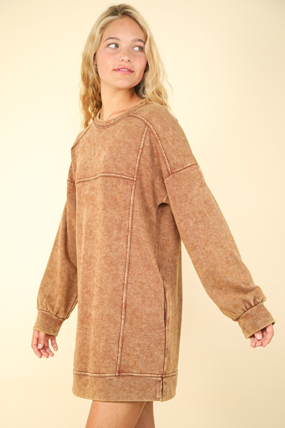 VERY J Mineral Washed Oversized Sweatshirt Mini Dress 9505 | Gulf Resellers