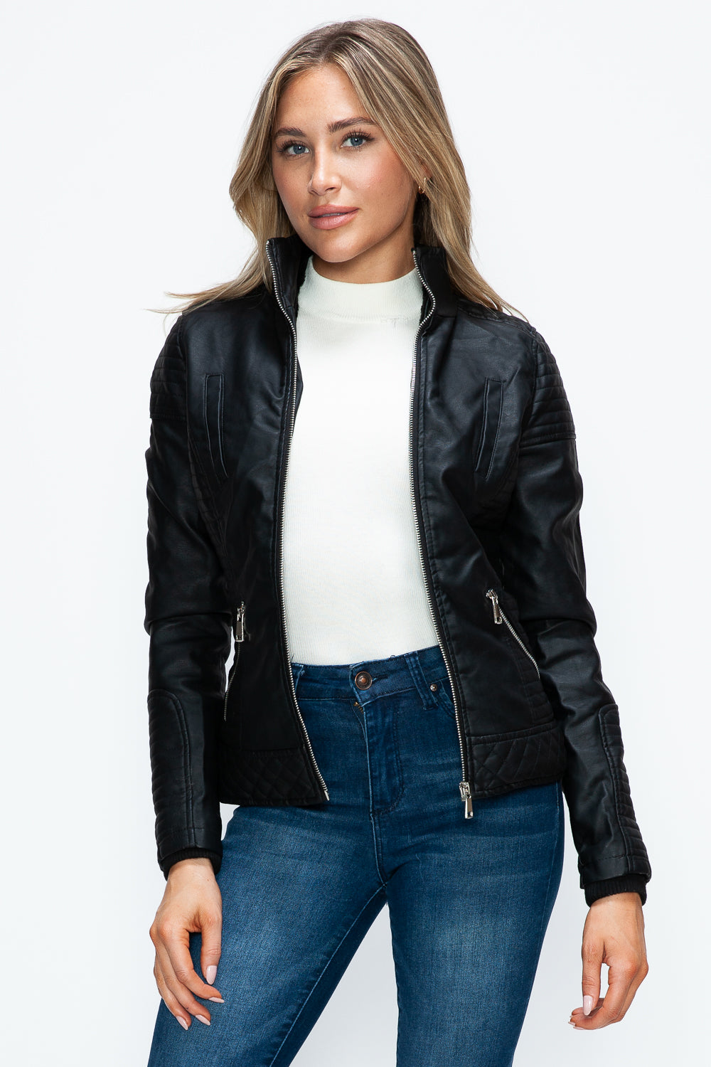 YMI Faux Layered Double-Zipper Jacket with Fuzzy Hood 15658 | Gulf Resellers