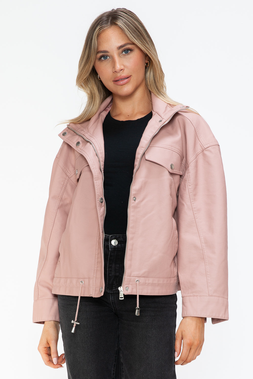How Dare U Drawstring Hem PU Leather Zip Up Jacket 15551 | Gulf Resellers