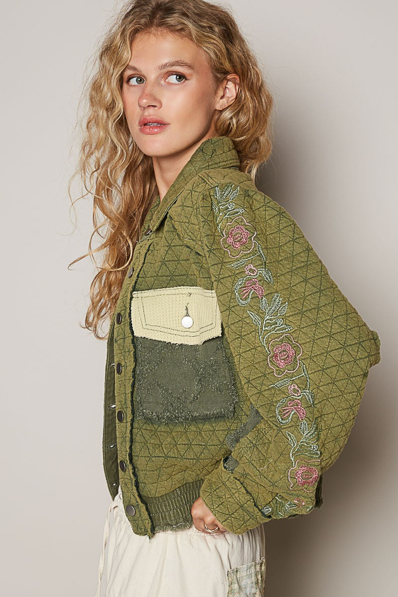 POL Embroidered Sleeve Raw Edge Quilted Jacket 15406 | Gulf Resellers