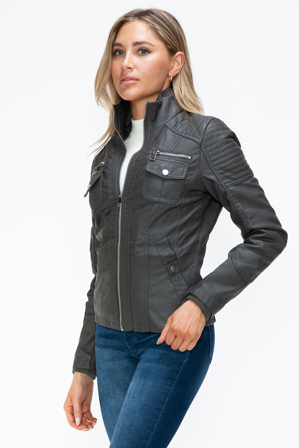 YMI Removable Faux Layered Multi-Pocket Jacket with Fuzzy Hood 15255 | Gulf Resellers