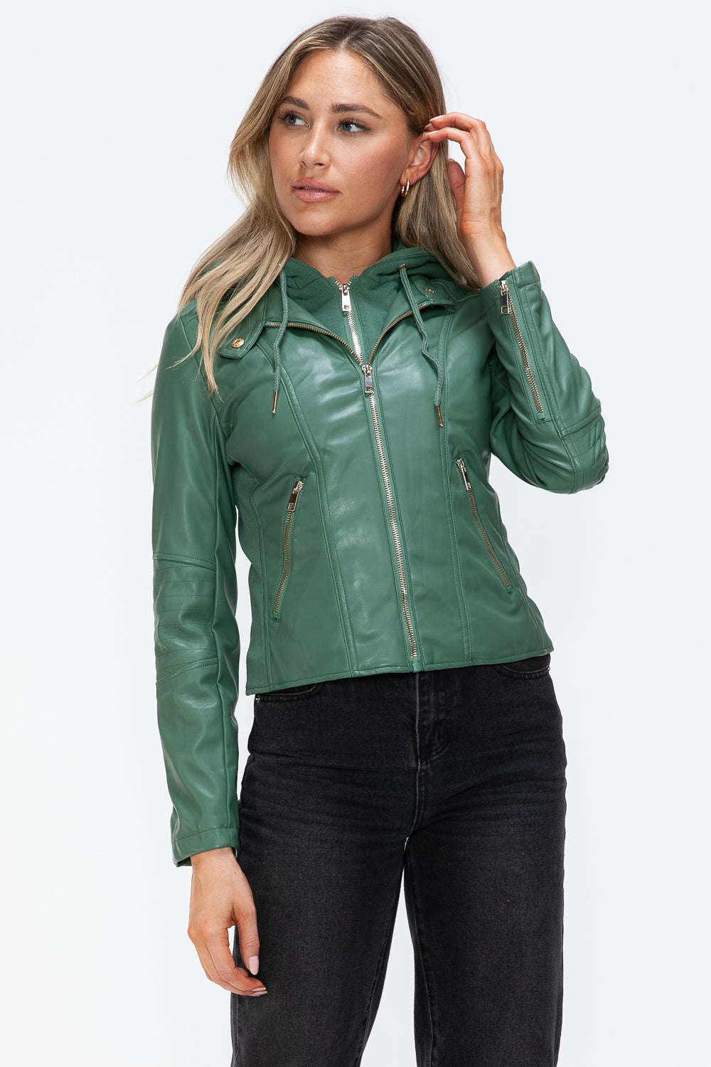 Snobbish Faux Leather Zip Up Drawstring Hooded Jacket 15838 | Gulf Resellers