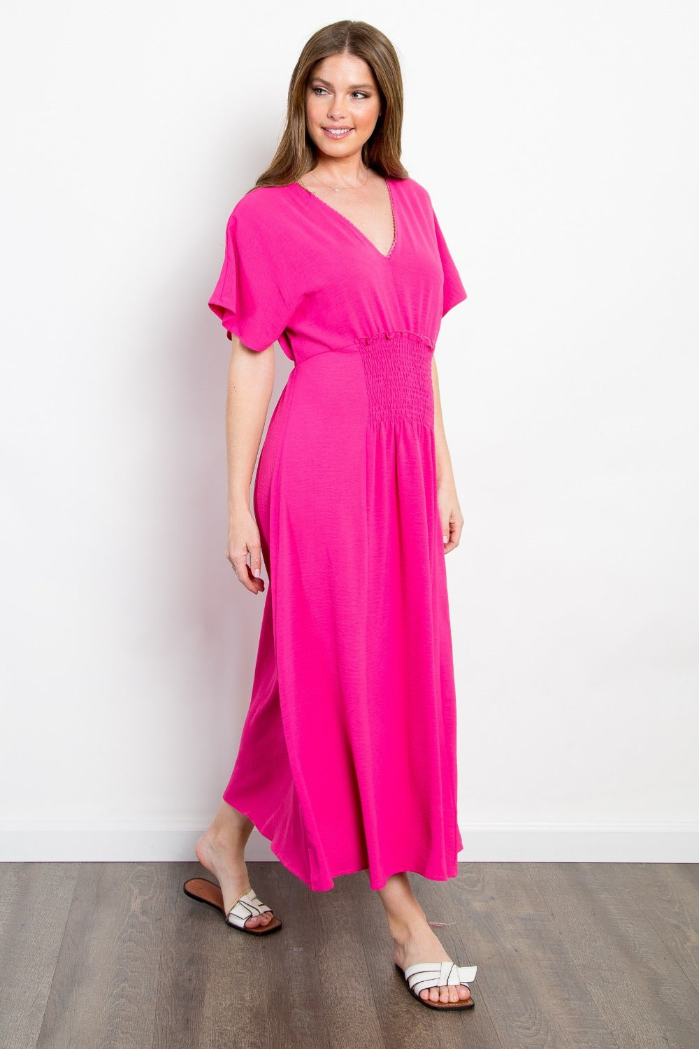 Be Stage Full Size Shirred Front Short Sleeve Maxi Dress 5709 | Gulf Resellers