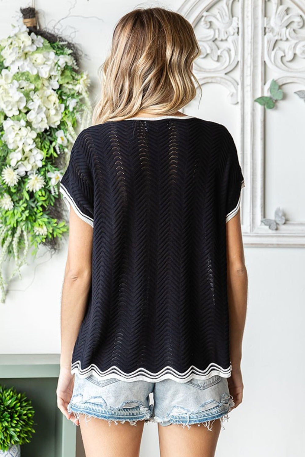 First Love Full Size Contrast Wavy Crochet Drop Shoulder Knit Top 8349 | Gulf Resellers