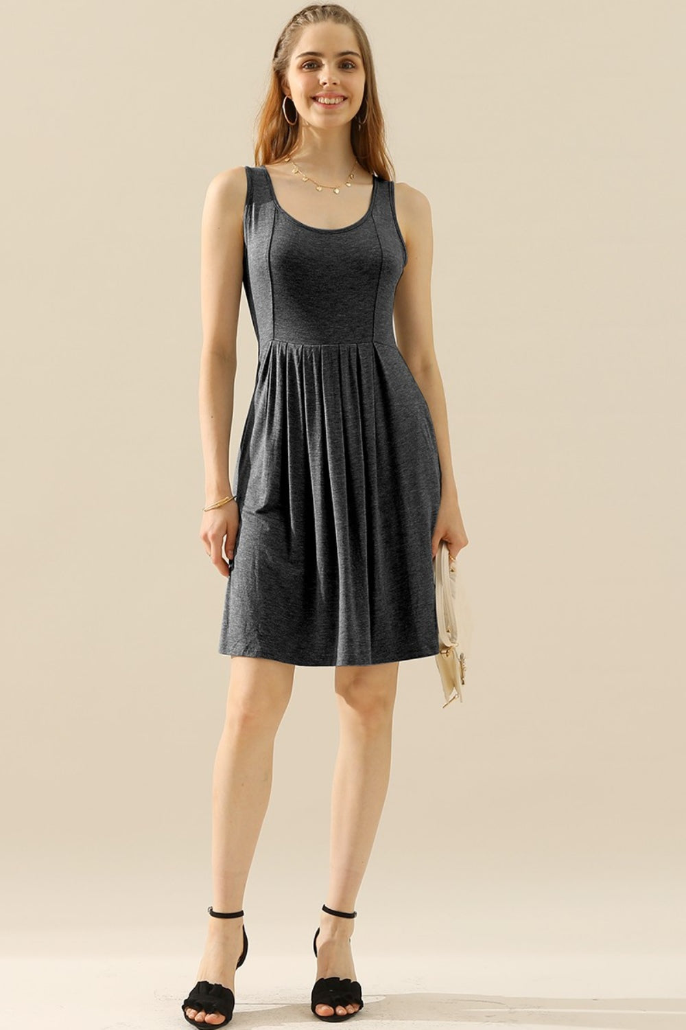 Doublju Full Size Round Neck Ruched Sleeveless Dress with Pockets | Gulf Resellers