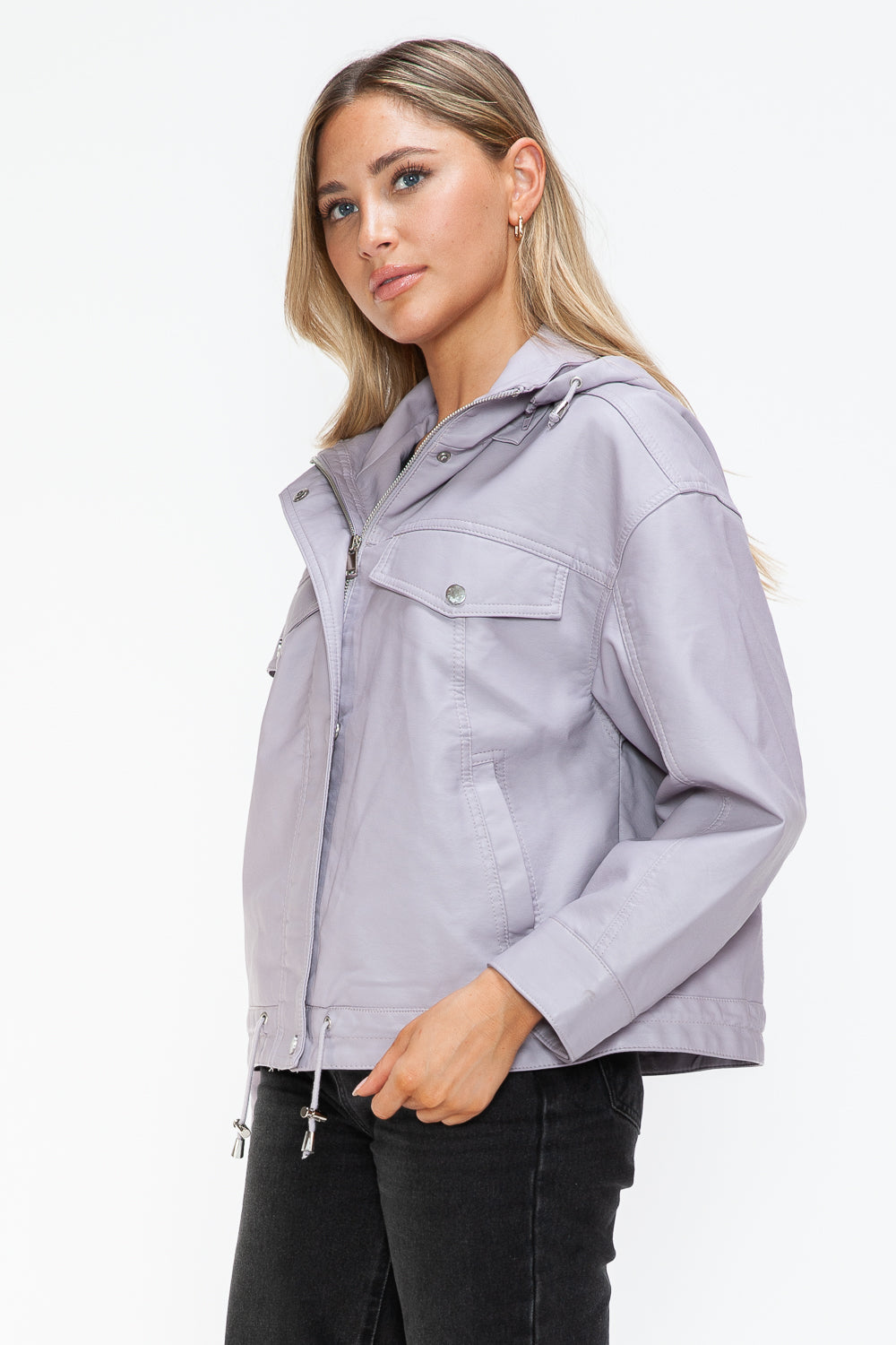 How Dare U Drawstring Hem PU Leather Zip Up Jacket 15441 | Gulf Resellers