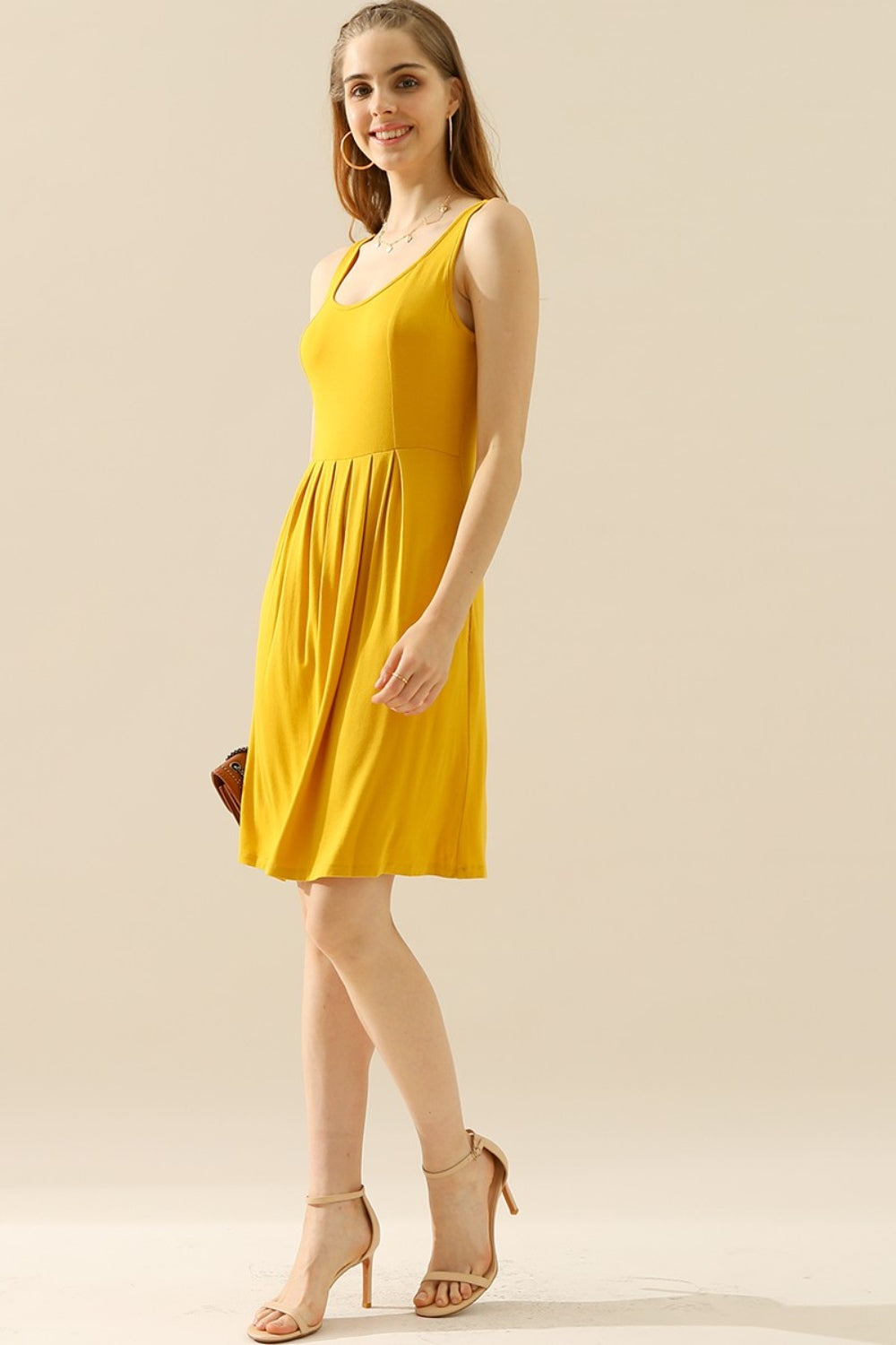 Doublju Full Size Round Neck Ruched Sleeveless Dress with Pockets | Gulf Resellers