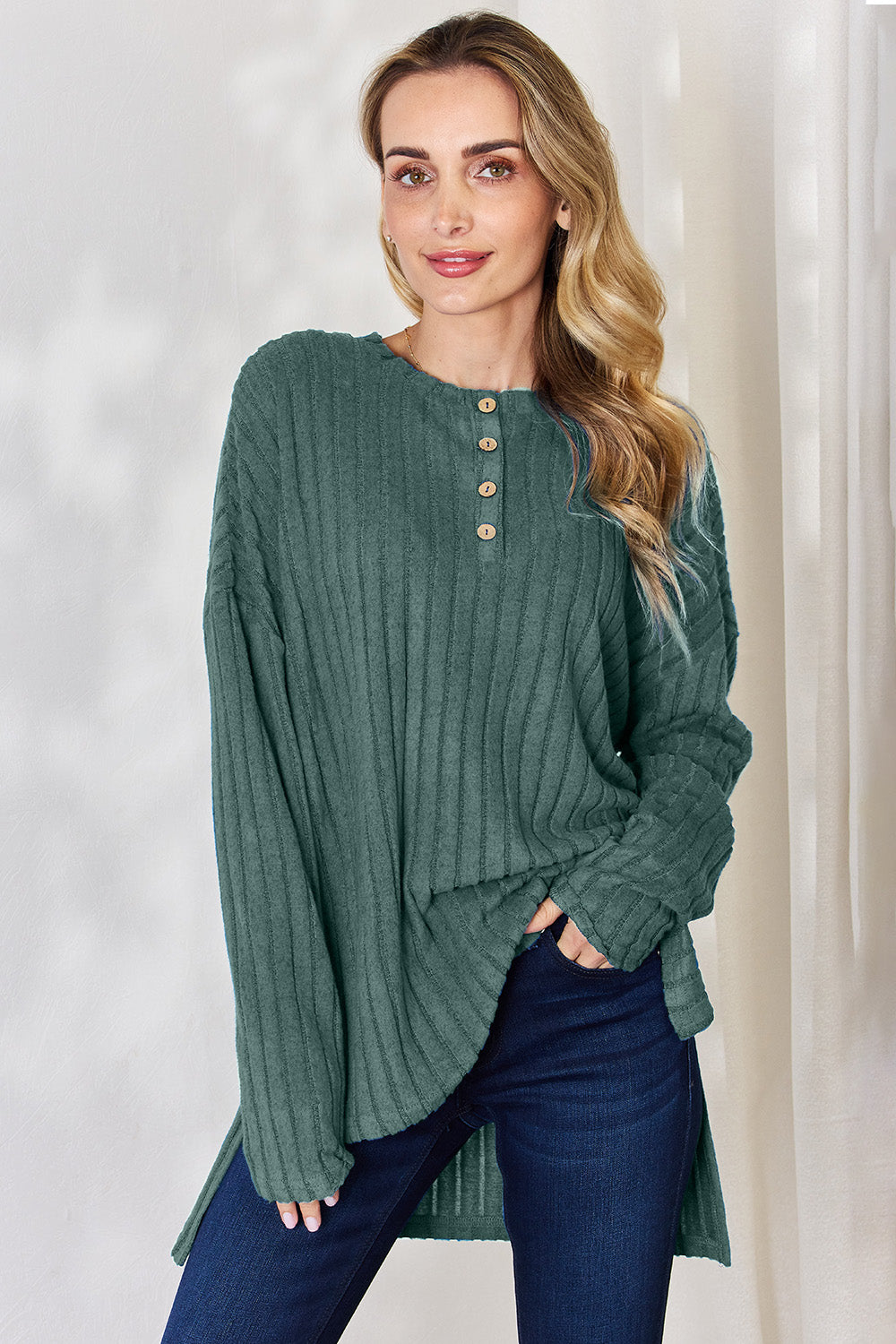 Basic Bae Full Size Ribbed Half Button Long Sleeve High-Low T-Shirt | Gulf Resellers