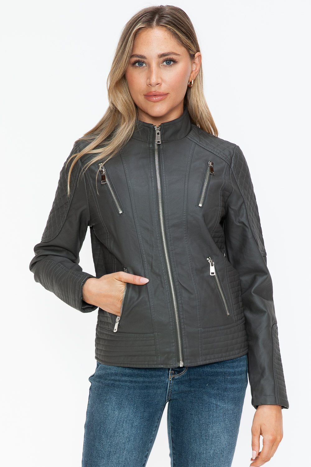 Snobbish Faux Leather Zip Up Mock Neck Jacket 15217 | Gulf Resellers