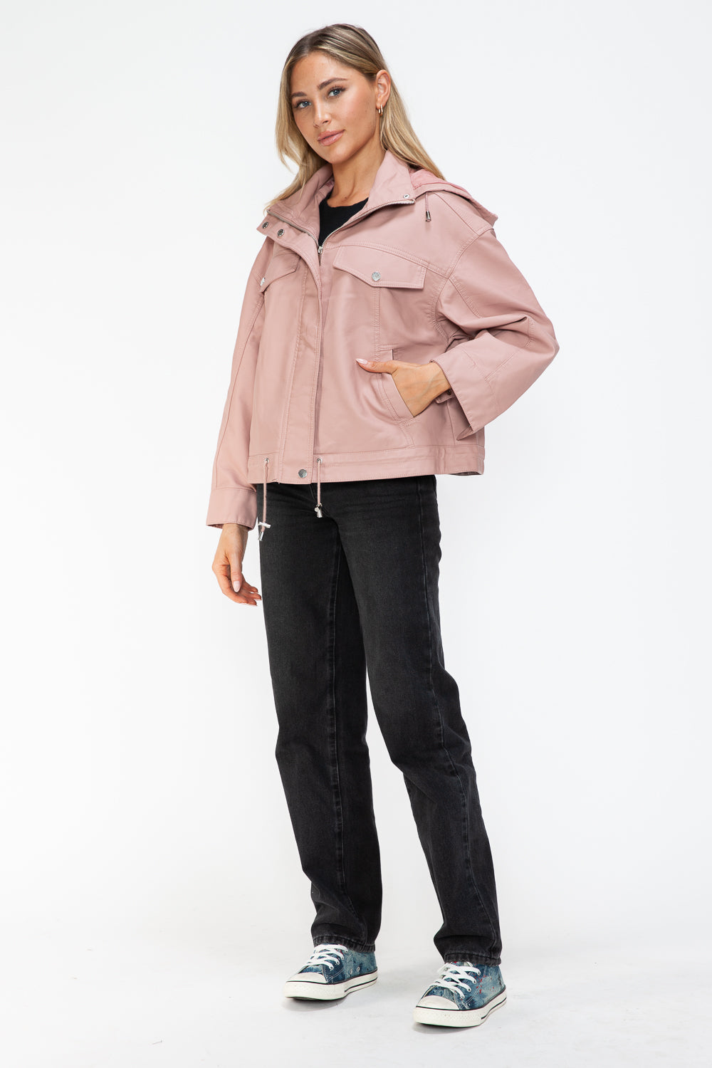 How Dare U Drawstring Hem PU Leather Zip Up Jacket 15560 | Gulf Resellers