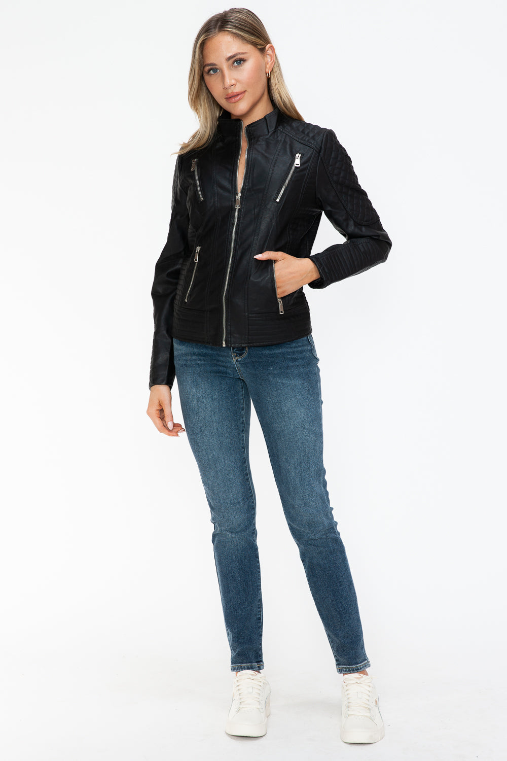 Snobbish Faux Leather Zip Up Mock Neck Jacket 16091 | Gulf Resellers