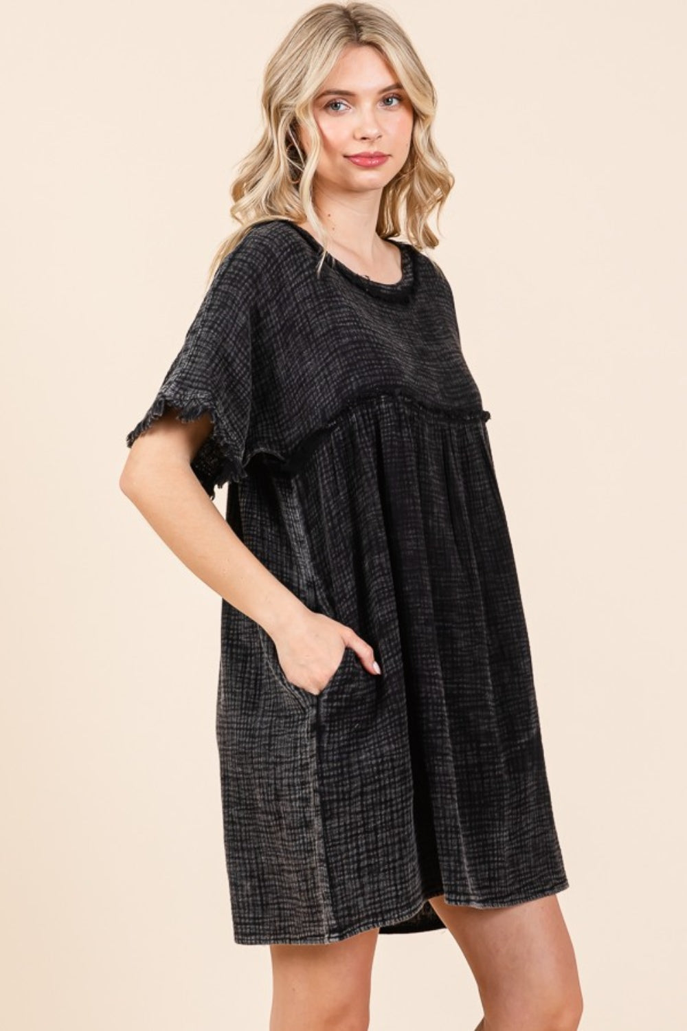 Culture Code Full Size Short Sleeve Babydoll Texture Dress with Pockets 9695 | Gulf Resellers