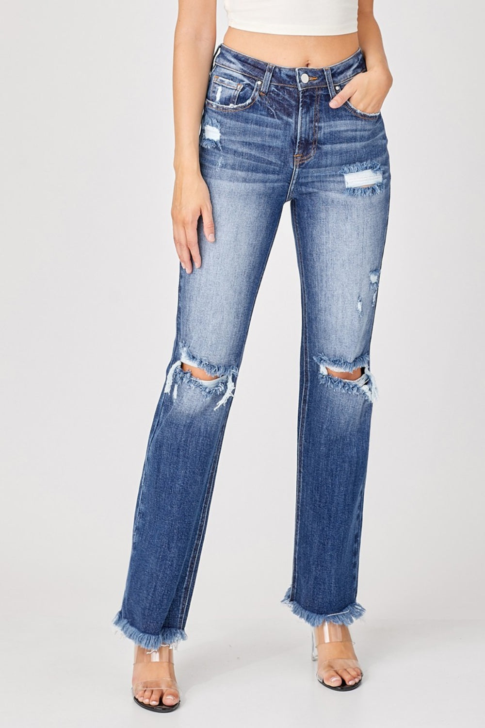 Risen Full Size Raw Hem Distressed Straight Jeans 8542 | Gulf Resellers