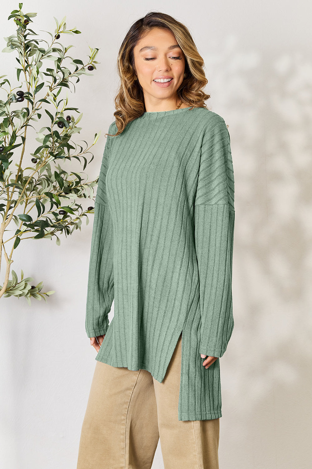 Basic Bae Full Size Ribbed Round Neck Long Sleeve Slit Top | Gulf Resellers