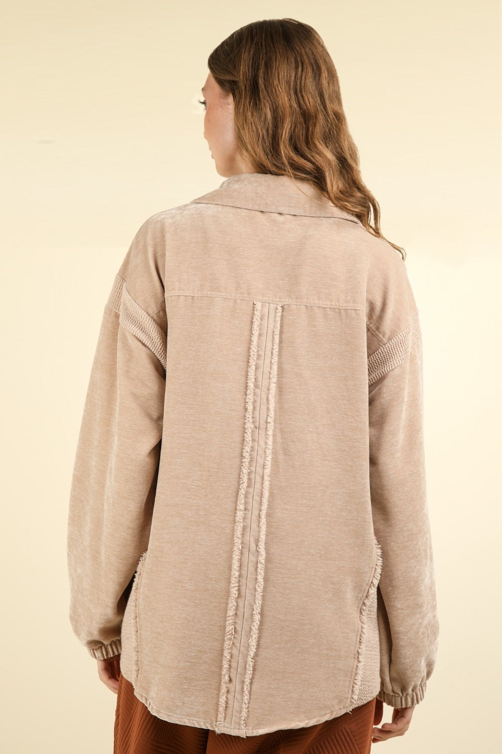 VERY J Mixed Media Button Down Raw Hem Shacket 12515 | Gulf Resellers