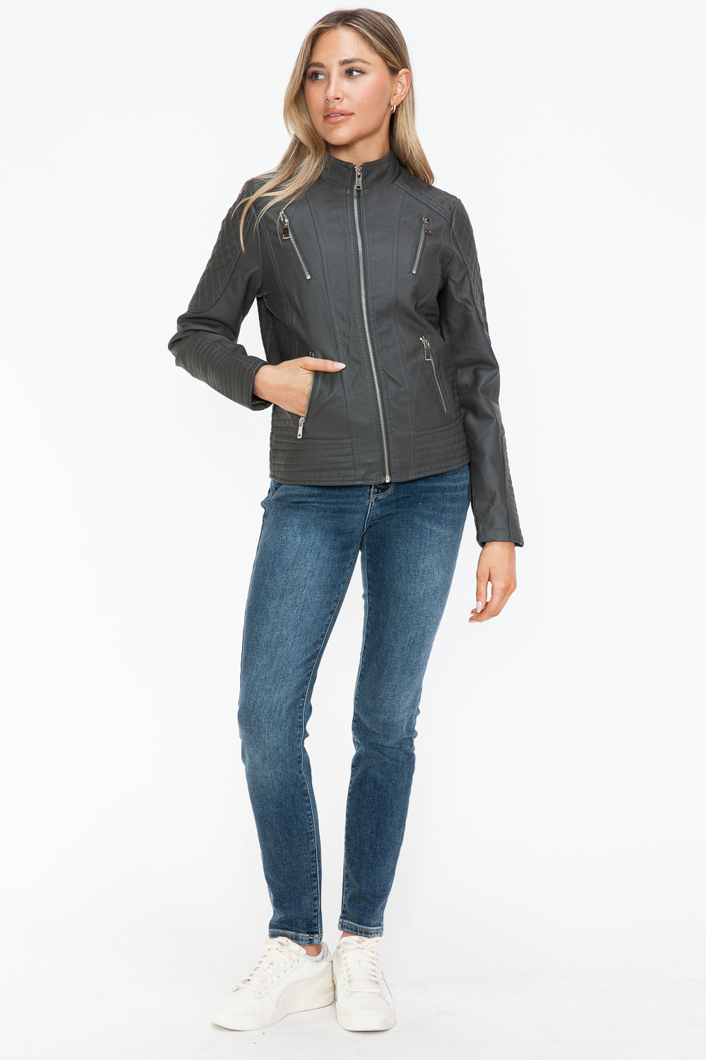 Snobbish Faux Leather Zip Up Mock Neck Jacket 15225 | Gulf Resellers