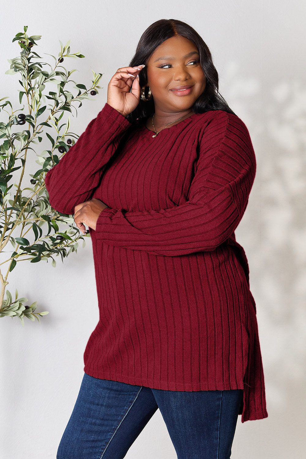Basic Bae Full Size Ribbed Round Neck Long Sleeve Slit Top | Gulf Resellers