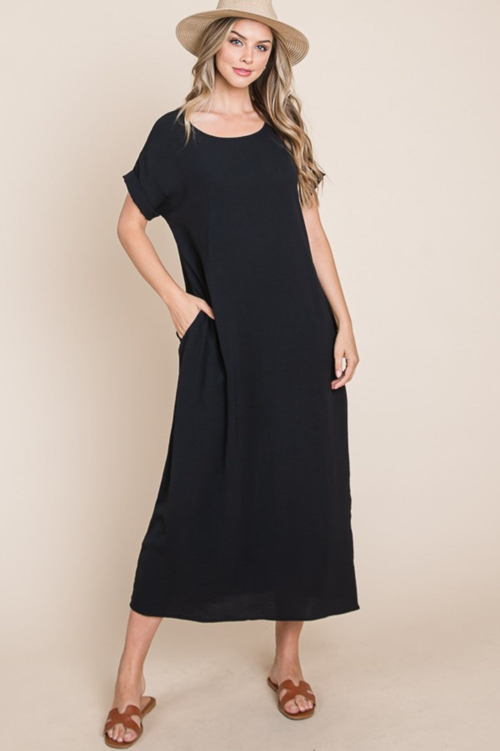 BOMBOM Round Neck Short Sleeve Midi Dress with Pockets 5112 | Gulf Resellers