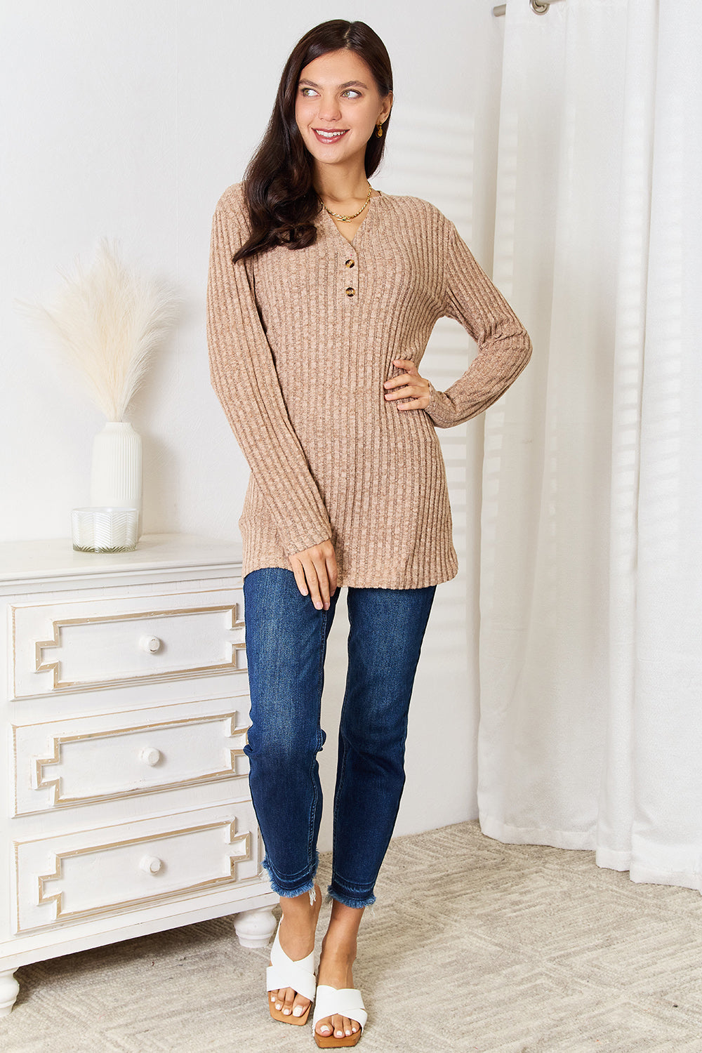 Double Take Notched Neck Ribbed Long Sleeve T-Shirt | Gulf Resellers