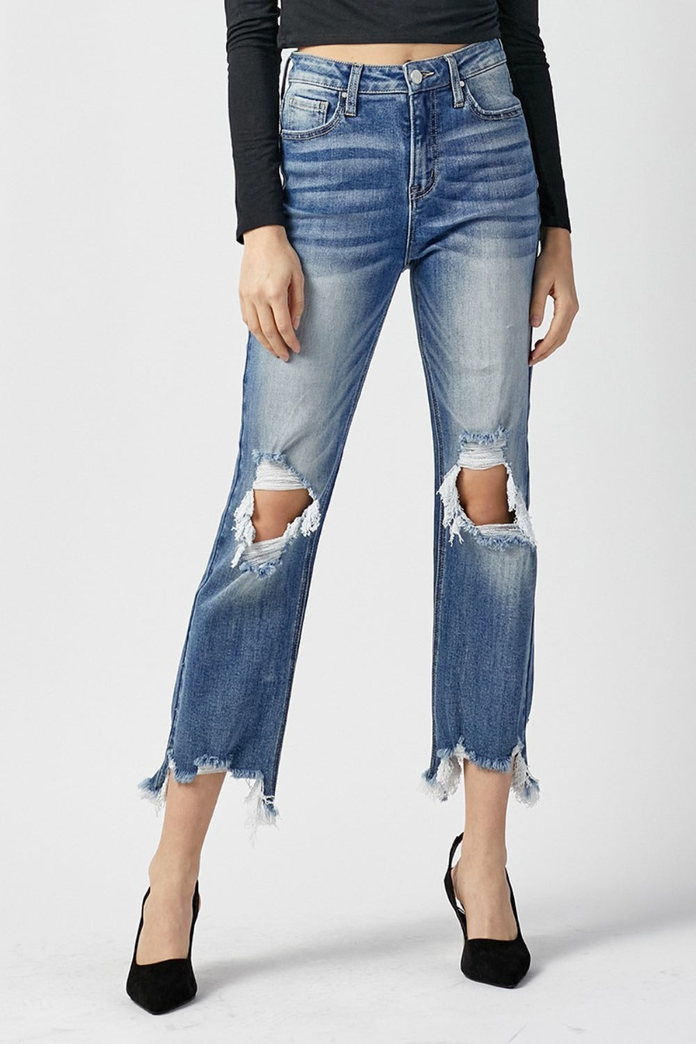 RISEN High Waist Distressed Frayed Hem Cropped Straight Jeans | Gulf Resellers