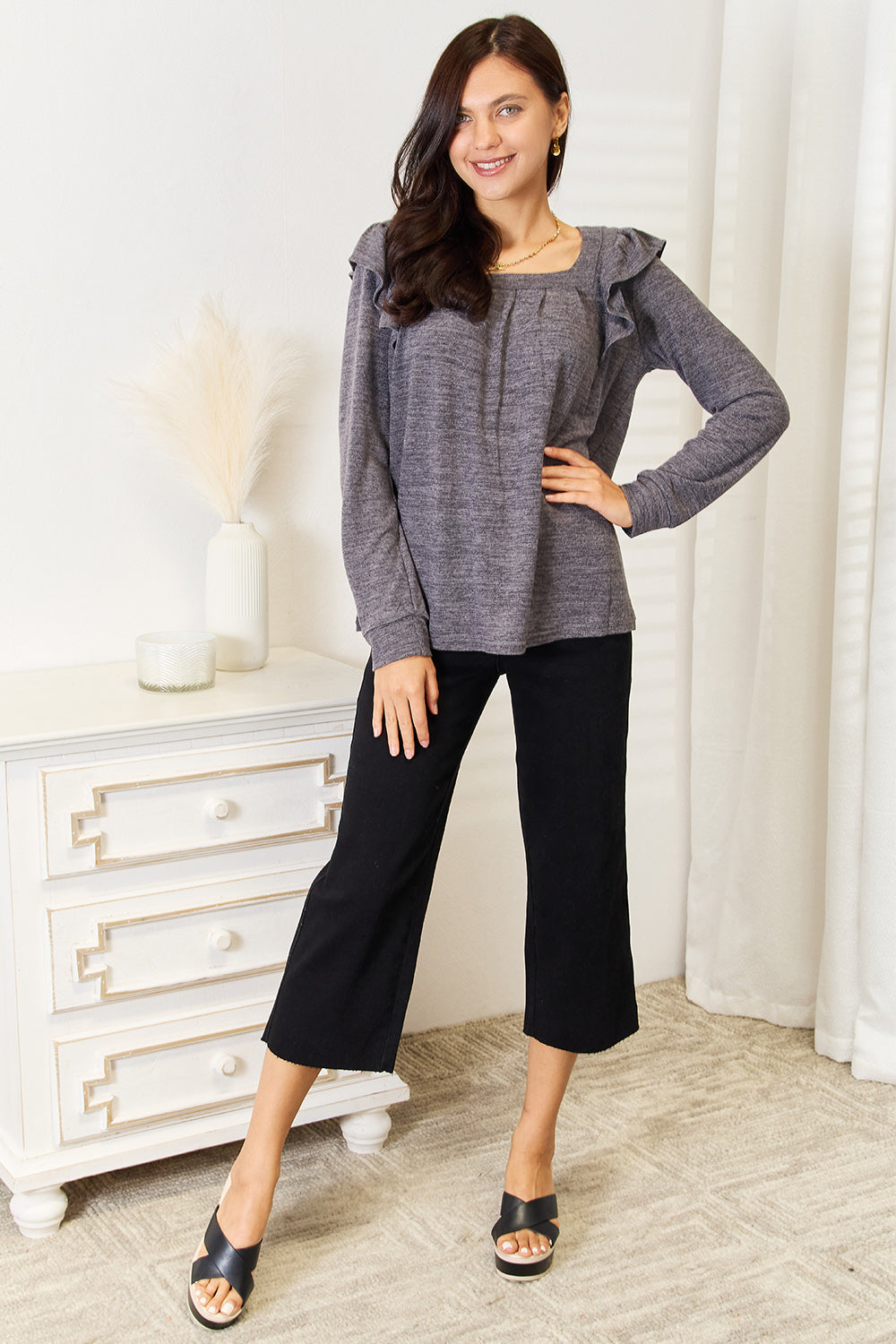 Double Take Square Neck Ruffle Shoulder Long Sleeve T-Shirt | Gulf Resellers
