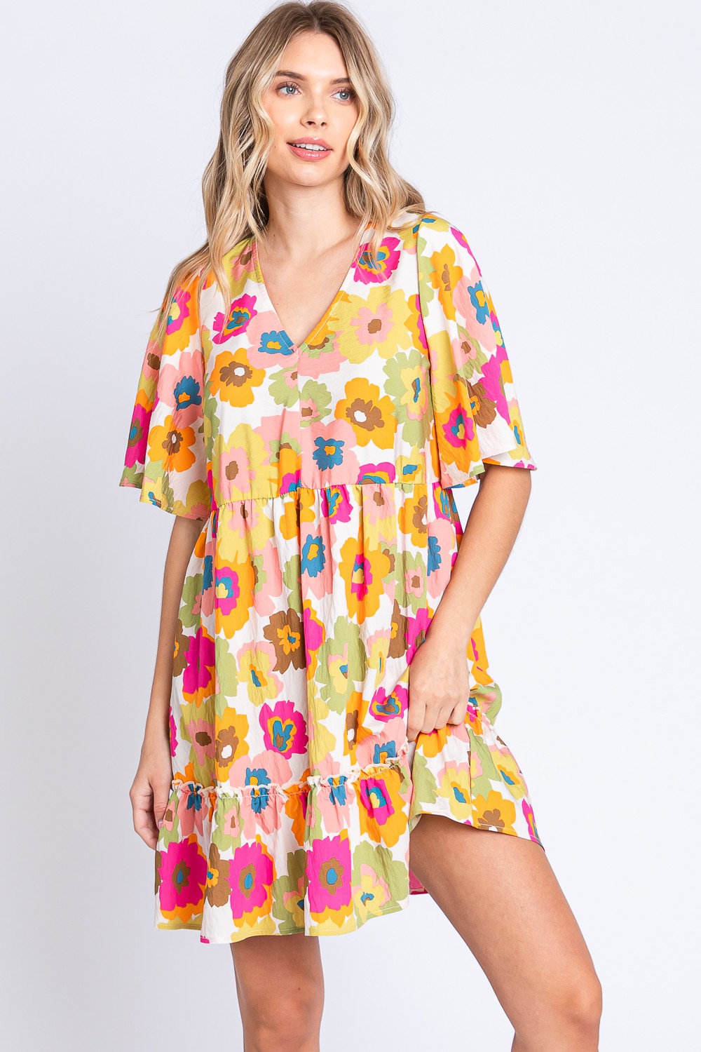 GeeGee Floral V-Neck Ruffle Hem Mini Dress 5280 | Gulf Resellers