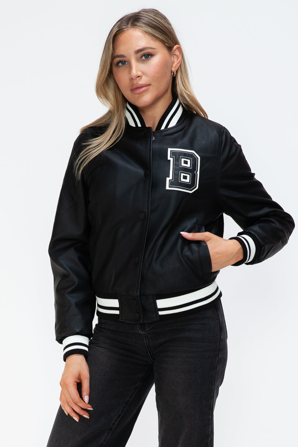 Love Me Now PU Leather Contrast Snap Down Bomber Jacket 15314 | Gulf Resellers