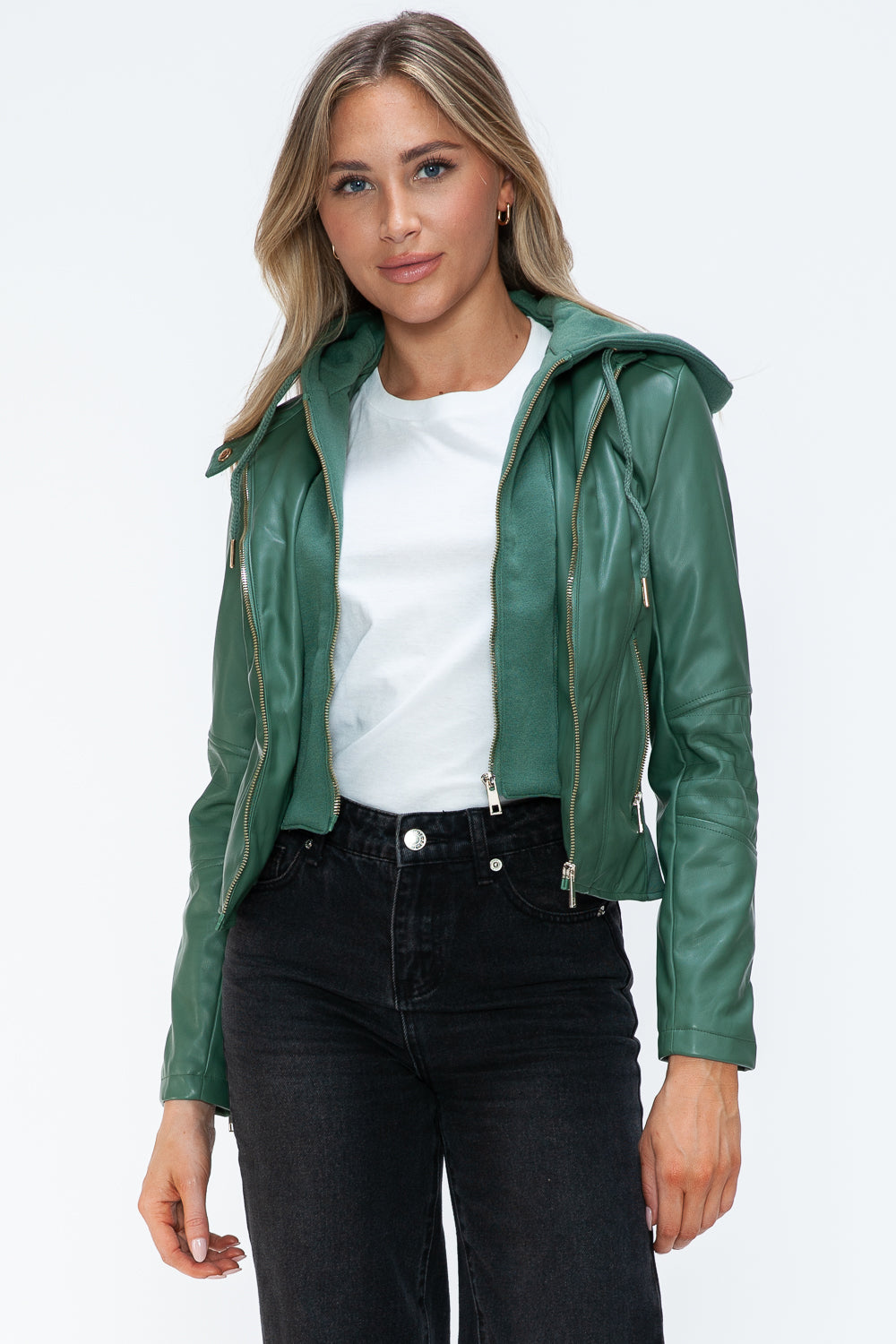 Snobbish Faux Leather Zip Up Drawstring Hooded Jacket 15847 | Gulf Resellers