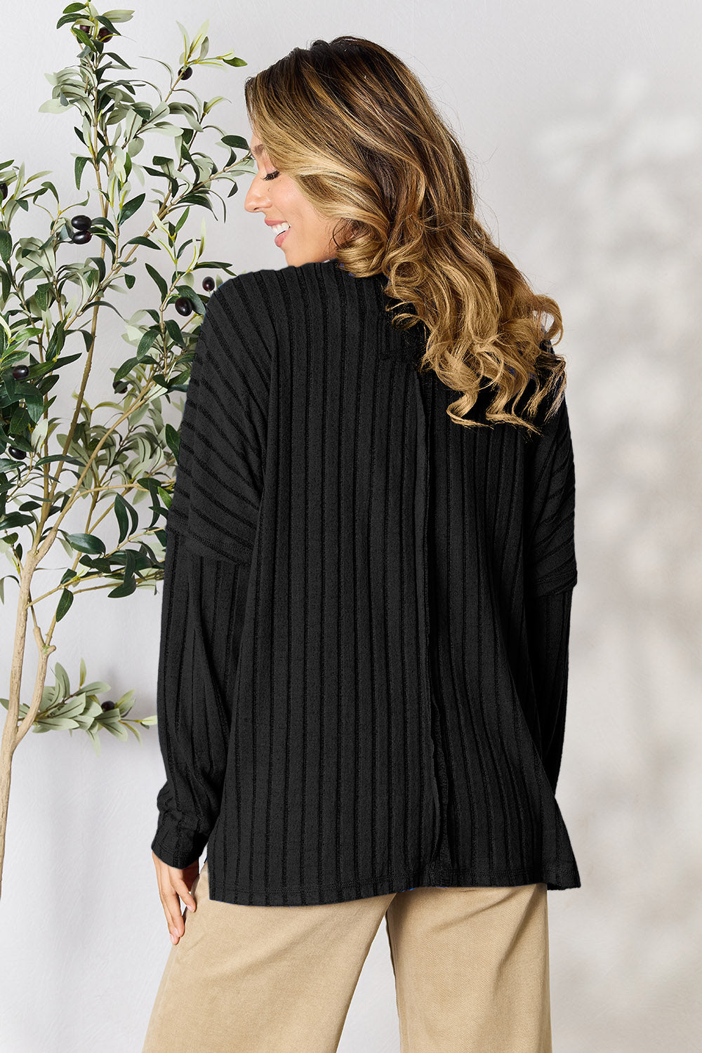 Basic Bae Full Size Ribbed Round Neck Slit Knit Top | Gulf Resellers