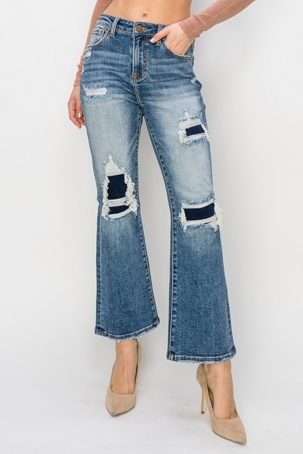 Risen Full Size High Rise Distressed Ankle Flare Jeans 11376 | Gulf Resellers