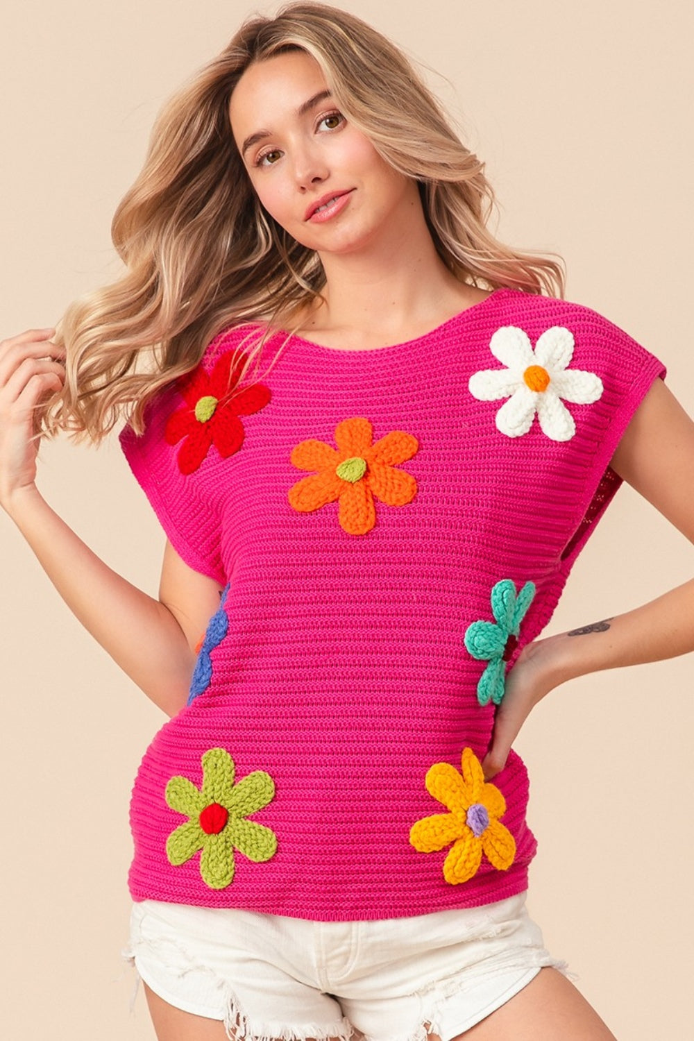 BiBi Flower Round Neck Cap Sleeve Knit Top 8336 | Gulf Resellers