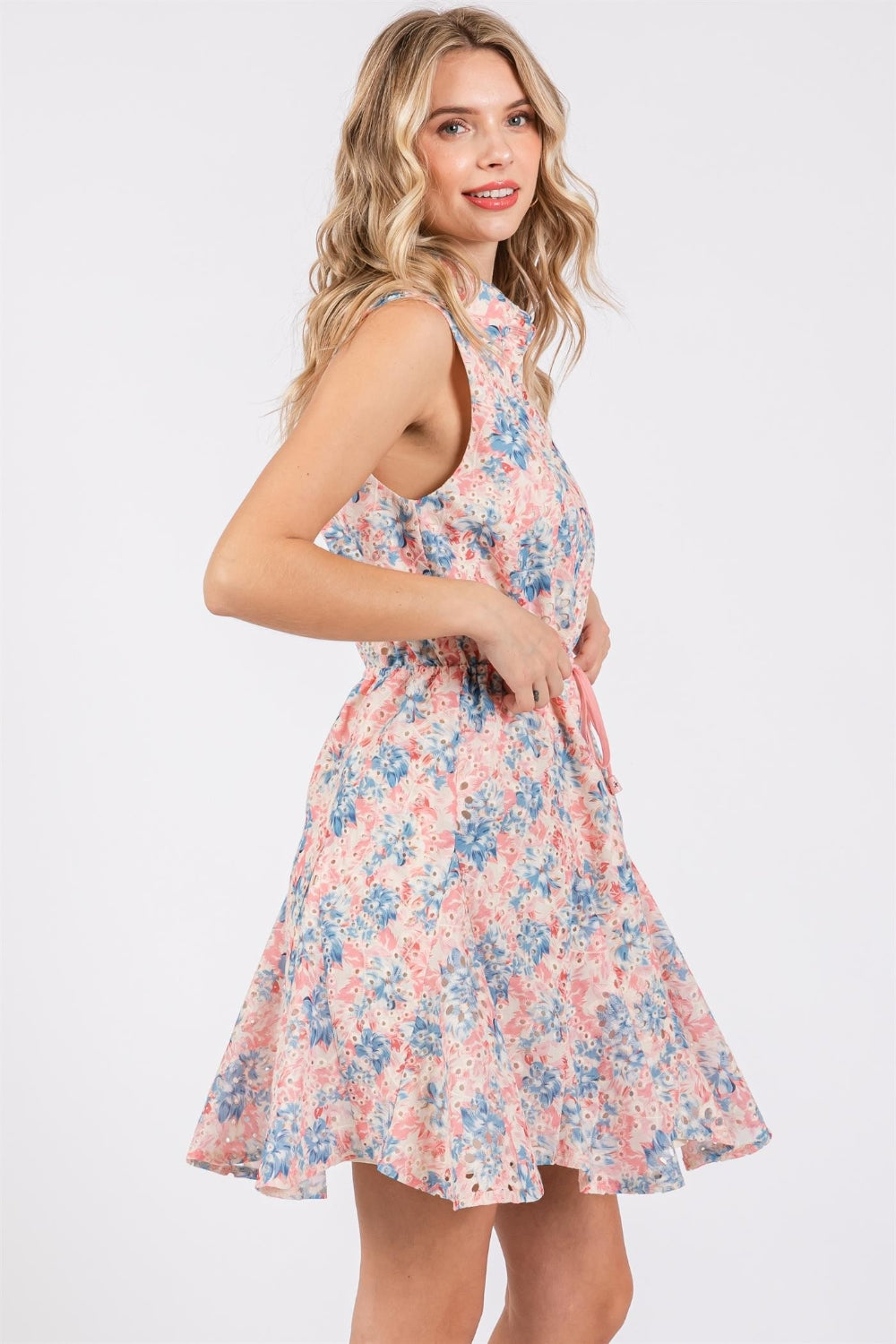 GeeGee Full Size Floral Eyelet Sleeveless Mini Dress 5195 | Gulf Resellers