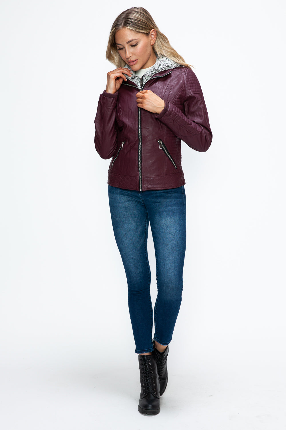 YMI Faux Layered Double-Zipper Jacket with Fuzzy Hood 15740 | Gulf Resellers