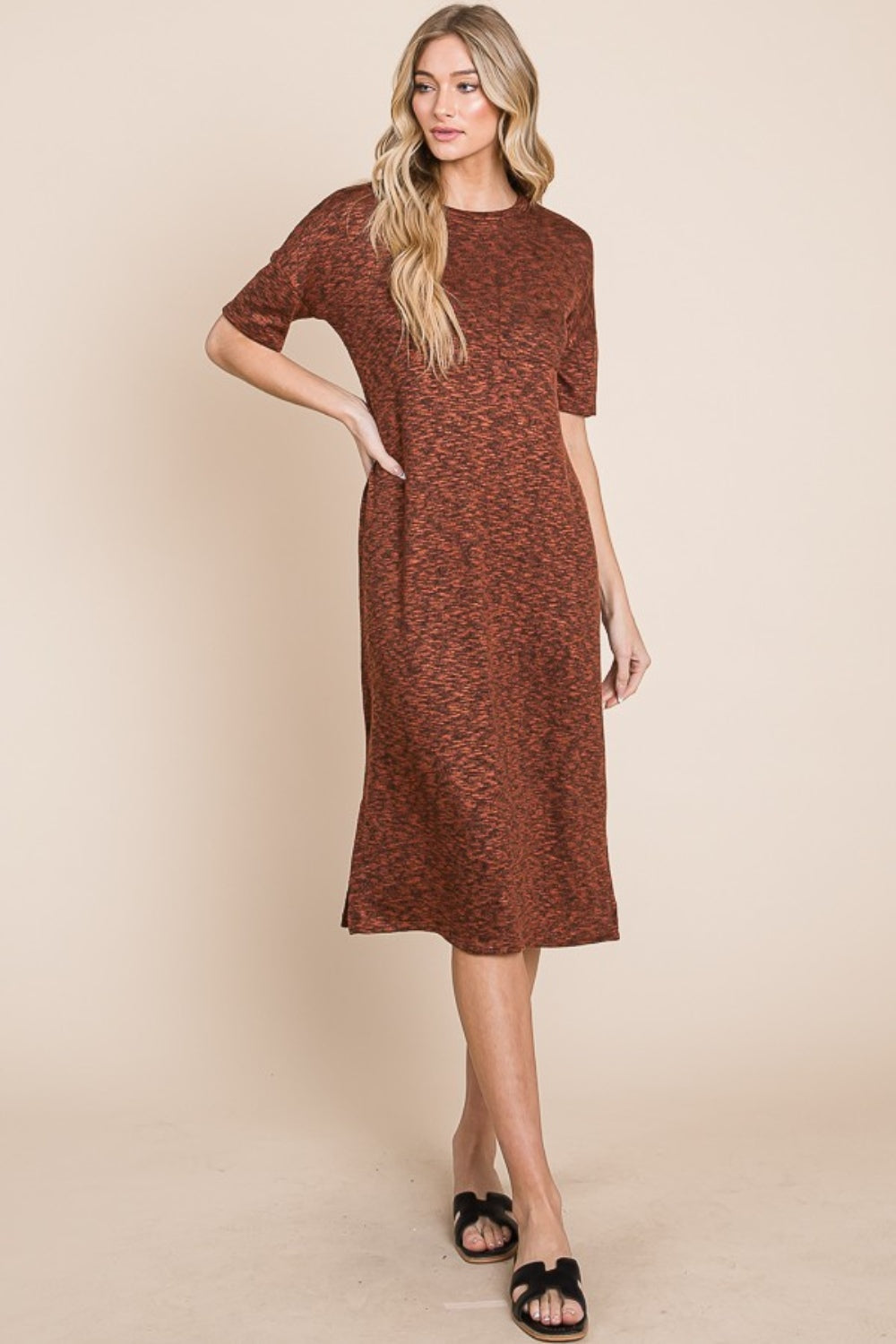 BOMBOM Round Neck Side Slit Midi Dress 9572 | Gulf Resellers